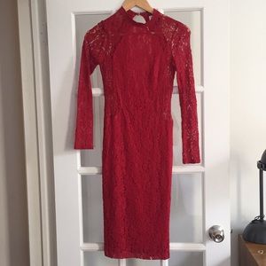 Long sleeve, red, lace dress with keyhole back